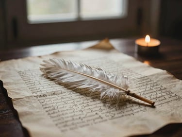 Pluma de ave antigua sobre pergamino con caligrafía, luz de vela tenue, enfoque suave.