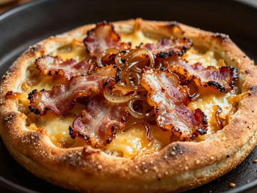 Rustic zapiekanka with crispy bacon pieces, caramelized onions, melted cheese, warm golden tones