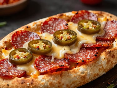 Hot zapiekanka with spicy pepperoni salami, jalapeno slices, melted cheese pull, vibrant red accents