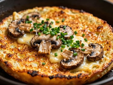 Toasted Polish zapiekanka with mushrooms and stretched cheese, sprinkled with green chives, warm street food lighting