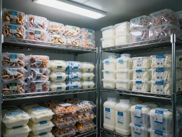 Cold storage room with neatly stacked frozen food boxes and packaged dairy products on metal shelving racks, bright fluorescent lighting, temperature-controlled environment visible