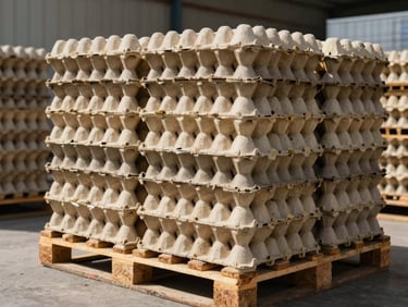 Bulk egg trays stacked on wooden pallets inside a clean distribution warehouse under bright daylight, organized and ready for loading