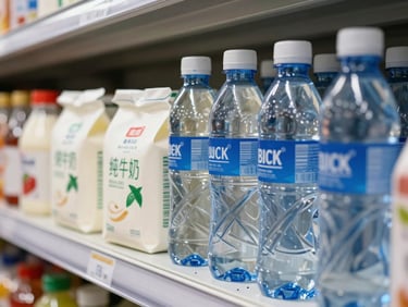 Close-up of packaged dairy and bottled mineral water products arranged on warehouse shelves, clean bright lighting, organized by SKU