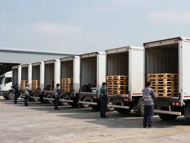 Wide shot of a distribution truck fleet lined up at a loading dock in bright daylight, rear cargo doors open, pallets being transferred by workers in uniform, no posed faces, industrial facility backdrop