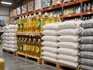 Close environmental shot of neatly stacked packaged commodity goods on warehouse shelving — cooking oil bottles, sugar bags, flour sacks — bright overhead warehouse lighting, no people, clean concrete floor visible