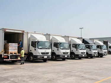 Row of PT SAMAK IWAK distribution trucks parked at a loading dock, bright midday sun, cargo bay doors open and workers loading pallets, wide environmental framing