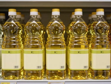 Close-up overhead shot of clear bottles of refined cooking oil arranged in organized rows on warehouse shelving, bright studio-clean lighting, labels facing forward