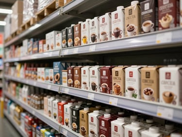 Organized shelves of coffee and tea cartons in a modern commodity warehouse, bright overhead lighting, clearly labeled boxes in rows