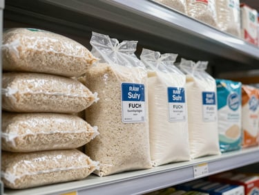 Close-up of packaged staple goods — rice sacks, sugar bags, flour boxes — neatly arranged on warehouse shelving under bright fluorescent light, labels facing forward, clean and organized