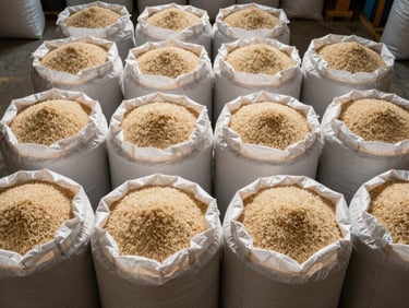 Overhead shot of bulk rice in large storage bags arranged in neat rows on a warehouse floor under strong artificial lighting