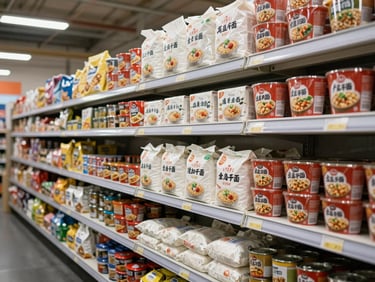 Organized shelf display of packaged instant noodles, flour bags, and canned goods in a large distribution warehouse, bright overhead lighting, products aligned uniformly