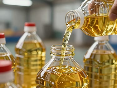 Close-up of clear bulk cooking oil being poured into industrial containers under bright warehouse lighting, golden liquid visible