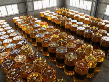 Overhead view of organized bulk cooking oil drums in a hygienic warehouse, bright daylight through roof panels, systematic stacking visible from above, no people