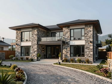 A modern villa in Pokhara with stone cladding, large windows, and a gravel road leading to the entrance, shot during bright morning daylight.