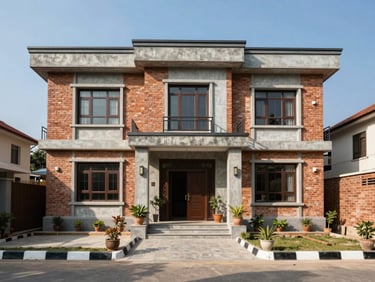 Frontal shot of a modern brick and concrete house in Lalitpur, showing the north-facing entrance and a paved driveway under clear blue sky.