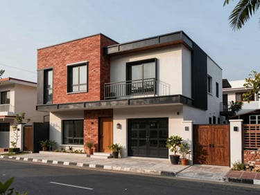 Modern residential house in Lalitpur with red brick accents and black metal framing, bright natural daylight, wide blacktopped road in the foreground.