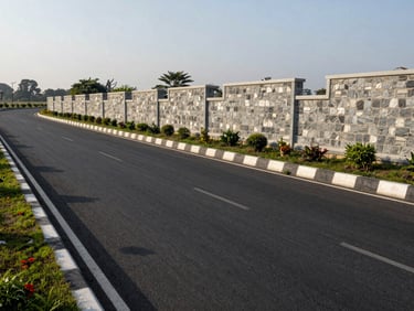 High-quality daytime photograph of a premium land plot in Lalitpur, showing a blacktopped road access and modern stone boundary wall.