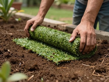 Low-angle close-up of hands unrolling a fresh turf roll onto prepared rich brown soil in a sunny Delhi villa garden, showing clean alignment.