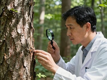 Professional botanist examining tree bark with a hand lens, dappled sunlight filtering through forest leaves, close-up