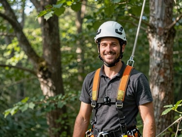 Portrait of a professional arborist in safety gear smiling in natural morning light, mature trees in background, shallow depth of field