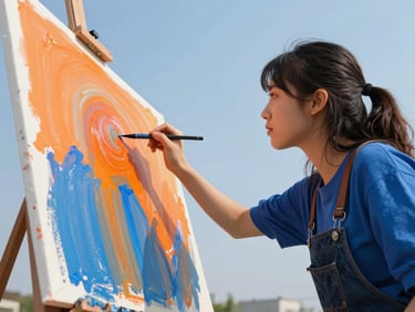 Dynamic low-angle shot of a young female painter working on a large canvas outdoors, vibrant orange and blue color gels, energetic brush strokes, 35mm lens