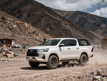 A white Toyota Hilux 4x4 parked on a high-altitude mountain pass, dusty Andean terrain, sharp sunlight casting high-contrast shadows.