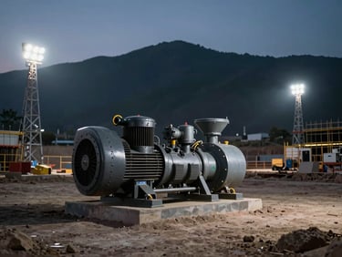 An industrial air compressor unit on a construction site at dusk, illuminated by bright lighting towers, high contrast.