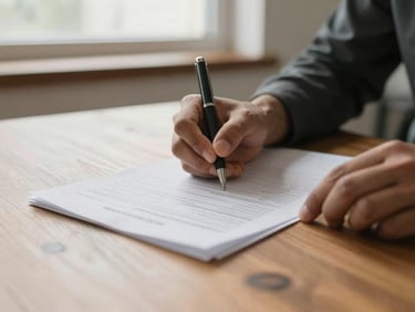 Candid close-up of hands filling out financial paperwork on a wooden table, soft overcast daylight, 35mm.