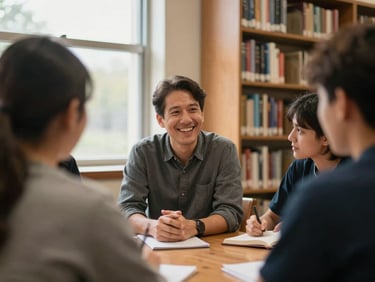 Candid shot of a mentor smiling while talking to a group of high school students in a library, warm natural light, 35mm.