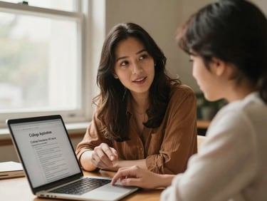 Candid medium shot of a female mentor explaining a college application on a laptop to a student, warm window light, 35mm.