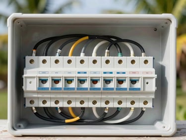 Instalación eléctrica ordenada en una caja de fusibles, cables limpios y etiquetados, luz brillante, enfoque nítido en los componentes