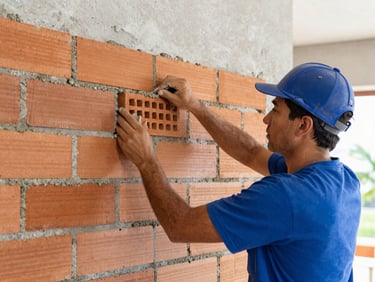 Albañil detallando una pared de ladrillo con mortero, luz natural interior, acabados limpios, enfoque nítido