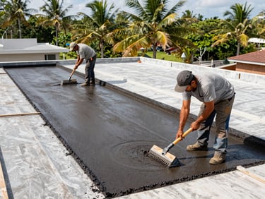 Trabajadores aplicando manto asfáltico en un techo plano, herramientas de construcción, luz natural tropical brillante, enfoque nítido en el proceso