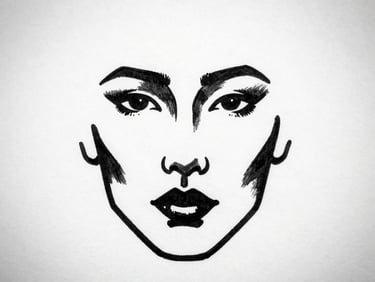Stark black ink drawing of a minimalist face on textured paper, high-contrast studio lighting, deep blacks and crisp whites