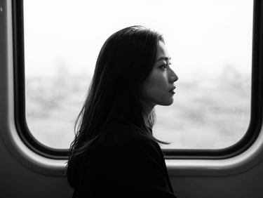 High-contrast desaturated portrait of a woman looking out of a train window, soft motion blur, dramatic lighting