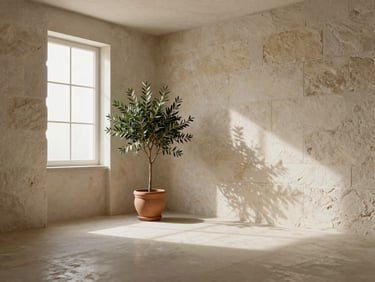Wide environmental shot of a minimalist consultation room with textured stone walls, a single olive plant in a clay pot, and soft indirect window light