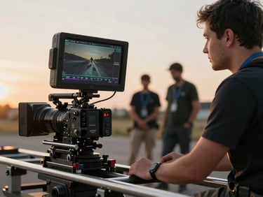 Close environmental frame of an operator reviewing anamorphic footage on a field monitor, warm golden-hour light entering from the left, camera rig on a slider visible foreground, shallow depth on the background crew
