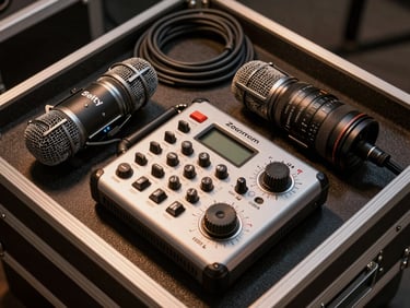 Overhead shot of a Zoom H6e recorder and two Deity S-Mic 3S boom microphones laid out on a dark equipment case, warm tungsten side light, organized cable coils visible