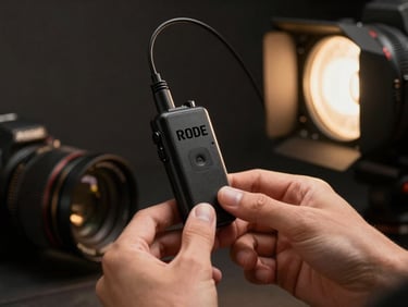 Close-up of hands connecting a Rode Wireless GO Plus Pro transmitter to a camera hot-shoe mount, shallow focus, warm tungsten practical light from the right, dark background