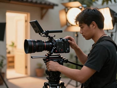Wide on-set environmental frame showing a camera operator adjusting a Lumix rig on a shoulder mount, warm practical lights in background, golden-hour exterior light bleeding through a doorway on the left