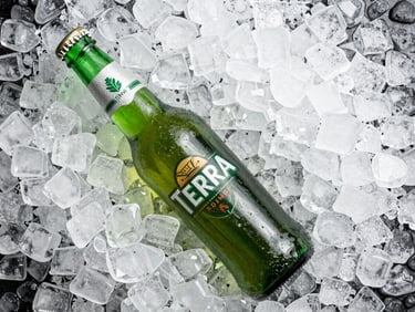 Overhead flat-lay of a green Terra beer bottle nestled in clean crushed ice, bright studio lighting with crisp reflections, cool emerald and silver tones.