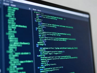 Macro close-up of a high-resolution screen displaying semantic data flows, glowing emerald and deep blue code lines, modern minimalist workspace, sharp focus, 35mm