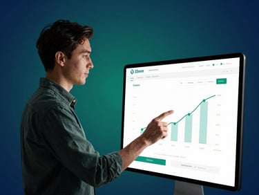Minimal environmental portrait of an educator interacting with a clean digital interface showing student enrollment growth metrics, cool studio lighting, 35mm