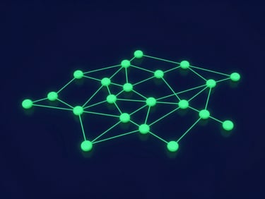 Abstract representation of data flows and semantic networks, glowing green connections over deep navy background, technology concept photography, 35mm