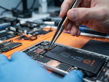 Extreme close-up of hands using precision tweezers to align a pristine smartphone battery under cool-toned workbench lighting, macro details, 35mm