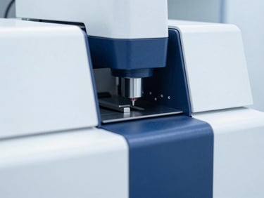 Macro shot of a high-performance liquid chromatography testing machine in a sterile laboratory, clinical medical photography, bright cleanroom lighting, sterile white and deep blue tones, sharp focus, 35mm lens