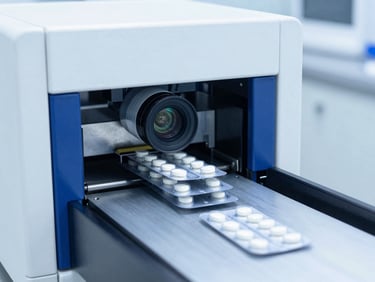 Automated packaging line sealing blister packs of tablets under sterile clinical lighting, clinical medical photography, bright cleanroom lighting, sterile white and deep blue tones, sharp focus, 35mm lens