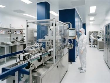Sterile pharmaceutical laboratory with automated formulation equipment, bright cleanroom lighting, sterile white and deep blue tones, crisp focus, 35mm lens