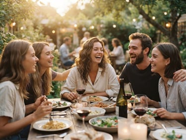 Warm nostalgic candid photo of friends laughing around an outdoor dinner table, golden-hour natural sunlight, soft cream tones, 35mm film grain