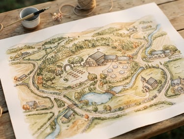 A hand-drawn vintage map of a rustic wedding venue and surrounding country roads, warm nostalgic watercolor wash, soft cream paper texture, 35mm film aesthetic